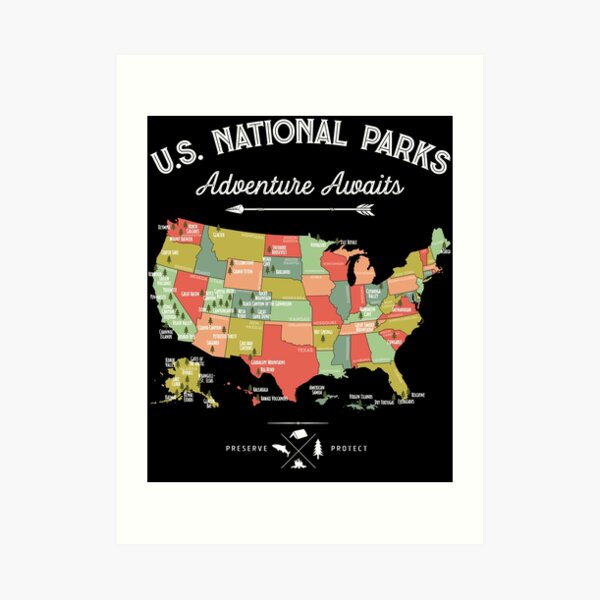 National Park Map Vintage T Shirt - All 59 National Parks Art Print