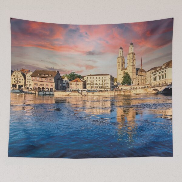 Item preview, Zurich skyline at Limmatquay at sunset designed and sold by Mauswohn.