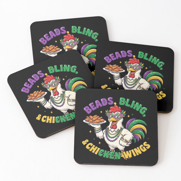 Item preview, Beads Bling & Chicken Wings - A cheerful cartoon chicken character dressed for Mardi Gras, holding a plate of wings. designed and sold by RealVibeVault.