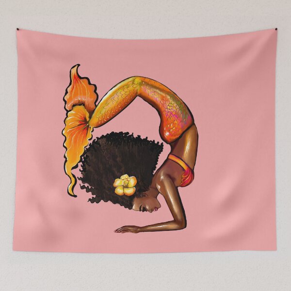 Item preview, Mermaid doing handstand with yellow hibiscus flower in her Afro relaxing designed and sold by Artonmytee.