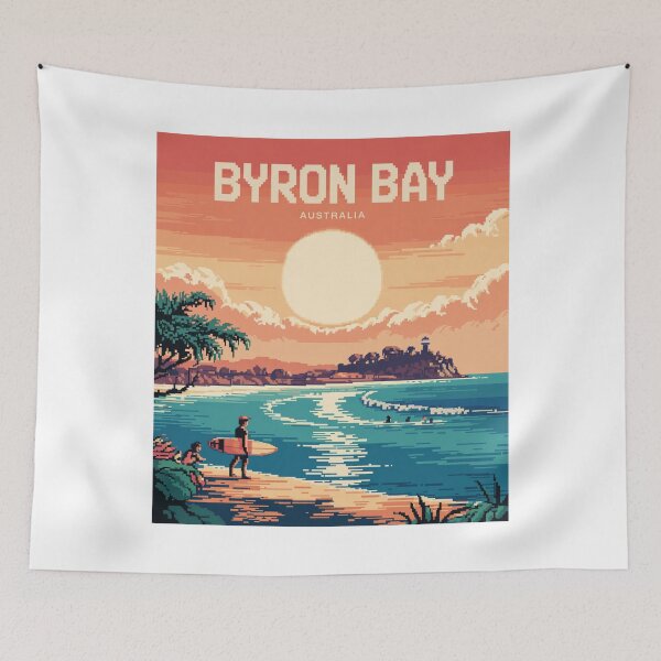 Item preview, Byron Bay Pixel Art Sunset – Australia Surf Coast Poster designed and sold by CircinusStore.