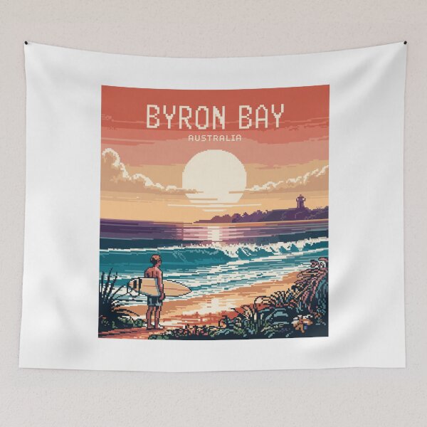 Item preview, Byron Bay Pixel Art Sunset – Australia Surf Illustration designed and sold by CircinusStore.