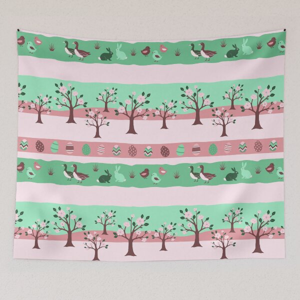 Item preview, Retro Easter Horizontal Stripes Pattern Eggs Bunny Chick Goose Tree designed and sold by UnhingedBird.