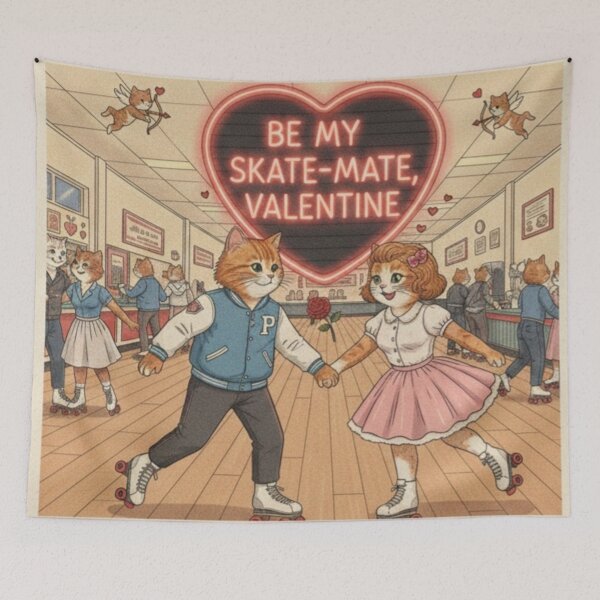 Item preview, Be My Skate-Mate: Retro Roller Rink Cat Valentine designed and sold by Art's Diner.