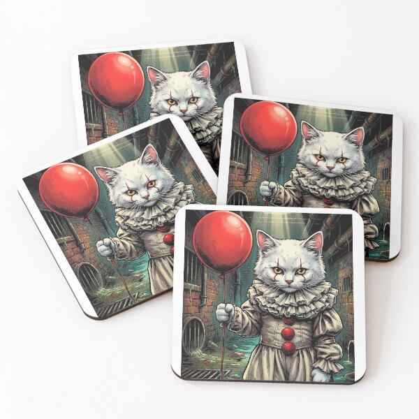 Item preview, "White Cat Dressed as a Horror Clown with a Red Balloon designed and sold by Mistermike248.