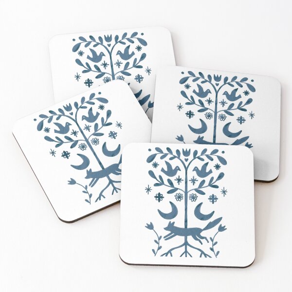 Item preview, A blue folk pattern with birds a tree and a fox resting below designed and sold by Dormitria.