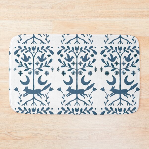 Item preview, A blue folk pattern with birds a tree and a fox resting below designed and sold by Dormitria.