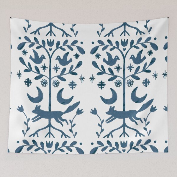 Item preview, A blue folk pattern with birds a tree and a fox resting below designed and sold by Dormitria.