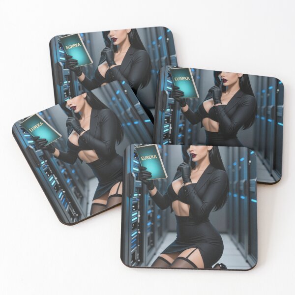 Item preview, Cassandra in black suit holding Eureka book designed and sold by CathryneDelamort.