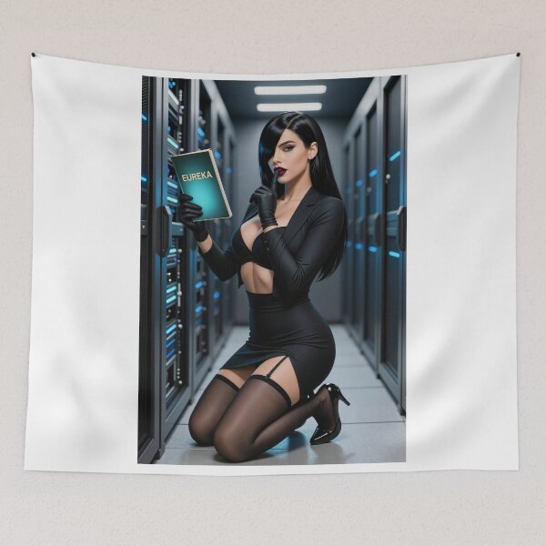 Item preview, Cassandra in black suit holding Eureka book designed and sold by CathryneDelamort.