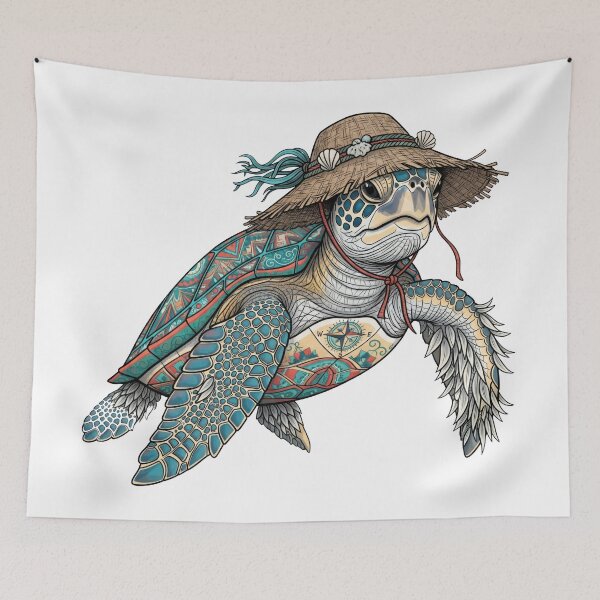 Item preview, Tribal Sea Turtle with Straw Hat and Compass Tattoo designed and sold by zoughlal.