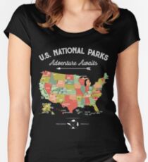 Camiseta entallada de cuello redondo National Park Map Vintage T Shirt - Todos los 59 parques nacionales