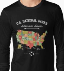 Camiseta de manga larga National Park Map Vintage T Shirt - Todos los 59 parques nacionales