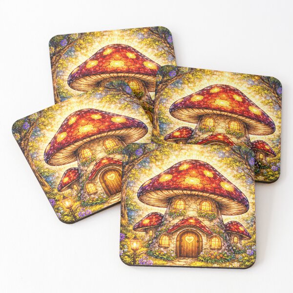 Item preview, Stained Glass Mushroom Cottage – Cozy Fantasy Art designed and sold by Creativveworrld03.