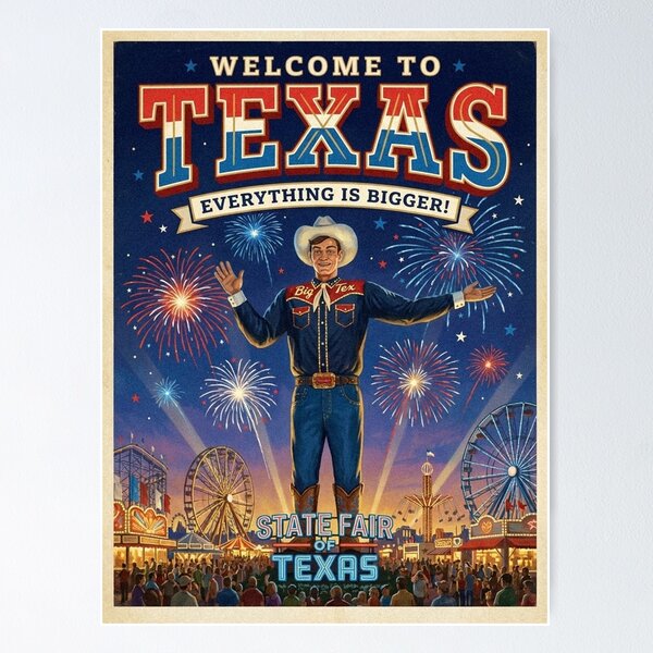 Item preview, Vintage Texas State Fair Cowboy Poster Everything is Bigger Art designed and sold by Cozy-Old-Pub.