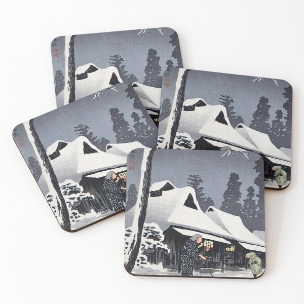 Item preview, Moonlit Snowy Village with Figures - Hiroaki Takahashi Vintage Print designed and sold by Open Canvas.