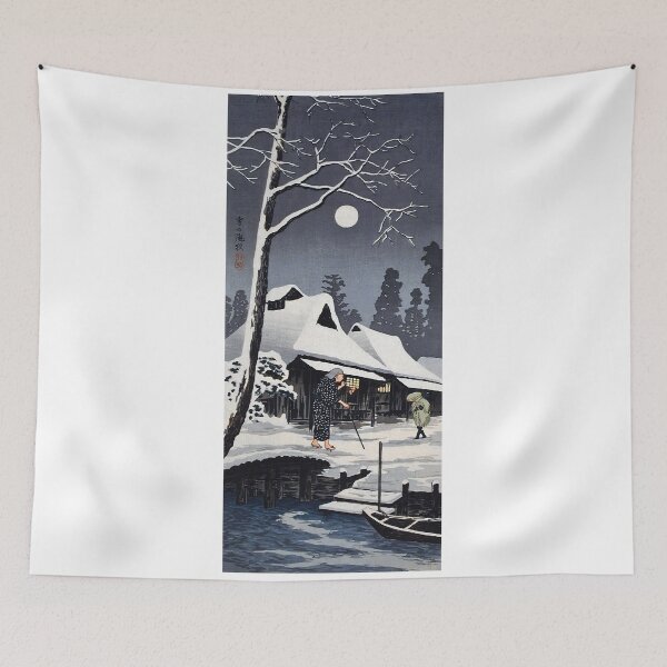 Item preview, Moonlit Snowy Village with Figures - Hiroaki Takahashi Vintage Print designed and sold by Open Canvas.