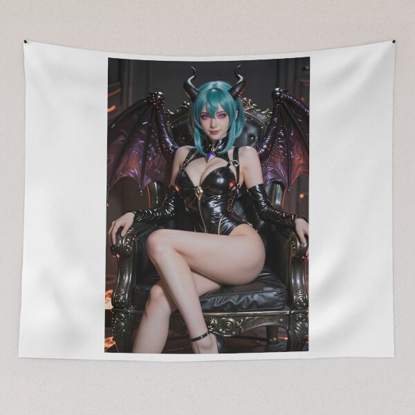 Item preview, Blue haired demon woman in leather throne designed and sold by CathryneDelamort.