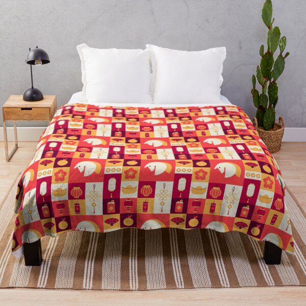 Item preview, Chinese New Year Geometric Pattern Throw Pillow – Lanterns, Coins, and Year of the Horse Design designed and sold by FestivityFinds.
