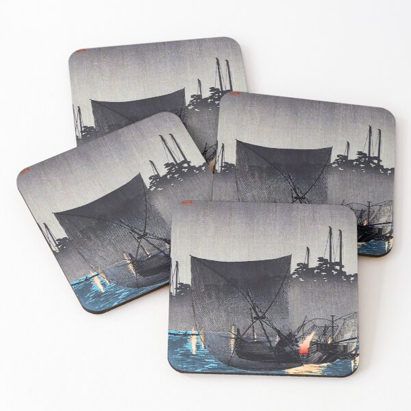 Item preview, Night Fishing Boats with Flares - Hiroaki Takahashi Vintage Print designed and sold by Open Canvas.