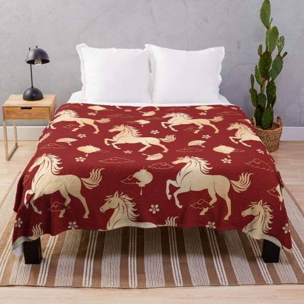 Item preview, Year of the Horse Chinese New Year Pattern Throw Pillow – Festive Red and Gold Lanterns, Horses, and Fans Design designed and sold by FestivityFinds.