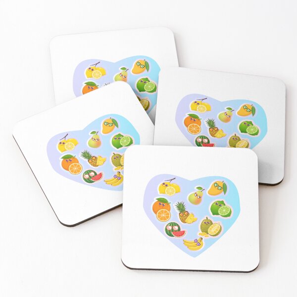 Item preview, heart shaped Cute Kawaii Fruit Art Set – Funny Cartoon Tropical Fruits Illustration designed and sold by steekeets.