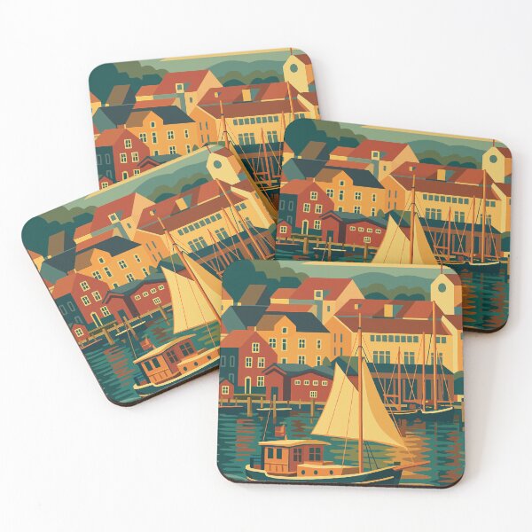 Item preview, Germany - Flensburg Harbor and boat - Colorful Coastal Town Illustration designed and sold by darekkocurek.