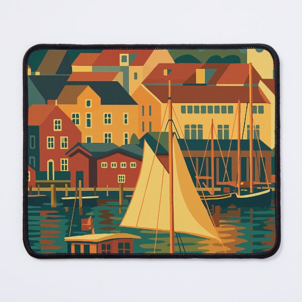 Item preview, Germany - Flensburg Harbor and boat - Colorful Coastal Town Illustration designed and sold by darekkocurek.