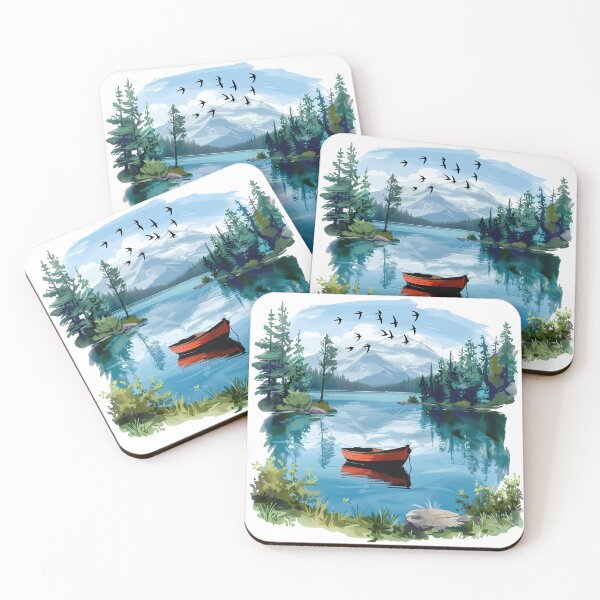 Item preview, Ethereal Misty Mountain Lake - Watercolor Pine Forest & Red Boat Art designed and sold by DesignArtist.ia.