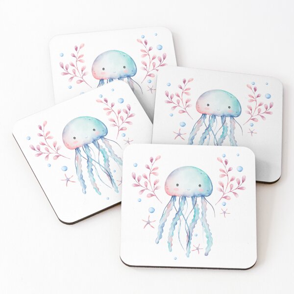 Item preview, Cute Watercolor Jellyfish Illustration With Seaweed And Bubbles designed and sold by TinyBirdyDesigns.