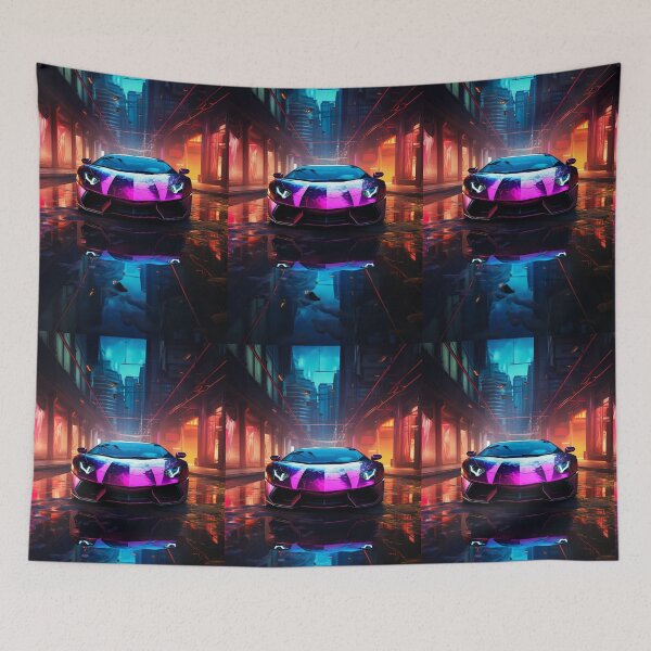 Item preview, Futuristic Neon Supercar Dominating Cyberpunk City Street Night designed and sold by RevUpDesign.