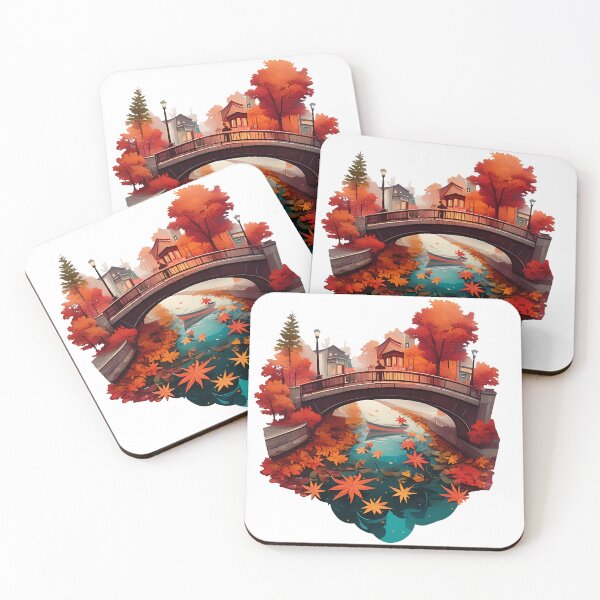 Item preview, Autumn Bridge Canal Reflection - Vibrant Red Maple Leaves and Rowing Boat Art designed and sold by DesignArtist.ia.