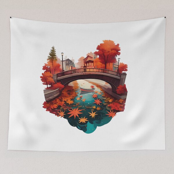 Item preview, Autumn Bridge Canal Reflection - Vibrant Red Maple Leaves and Rowing Boat Art designed and sold by DesignArtist.ia.