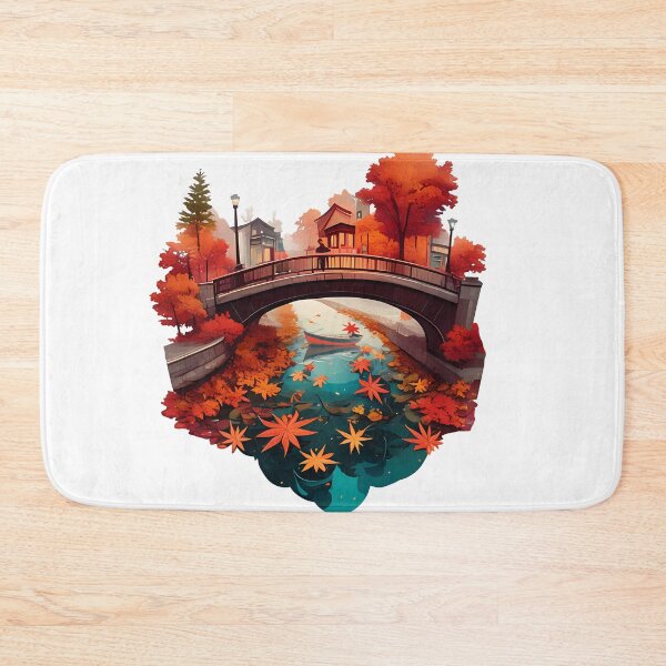 Item preview, Autumn Bridge Canal Reflection - Vibrant Red Maple Leaves and Rowing Boat Art designed and sold by DesignArtist.ia.