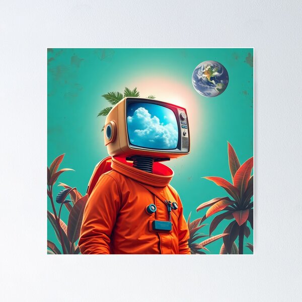 Item preview, Retro Space TV Astronaut - Vintage Television Helmet Orange Suit Art designed and sold by Cine8.