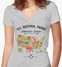 National Park Map Vintage T Shirt - All 59 National Parks Gifts T-shirt Men Women Kids Women's Fitted V-Neck T-Shirt