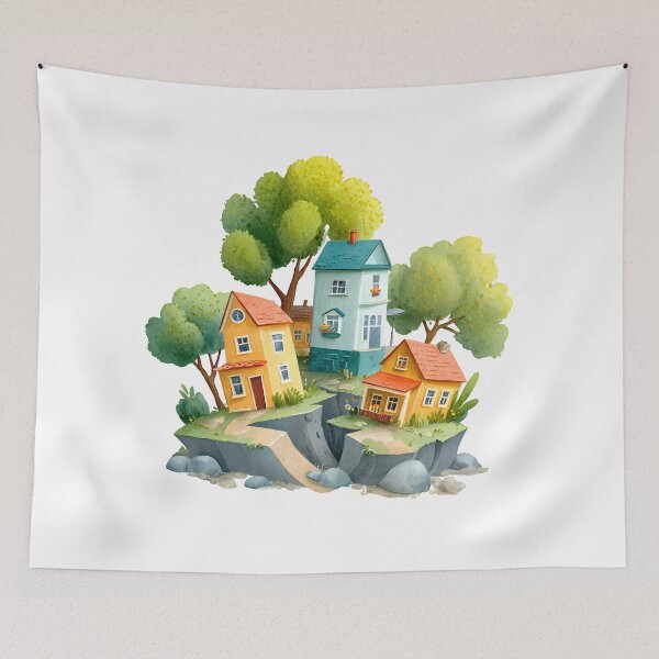 Item preview, Whimsical Floating Village Illustration – Cozy Fantasy Houses on Cliff designed and sold by DesignArtist.ia.