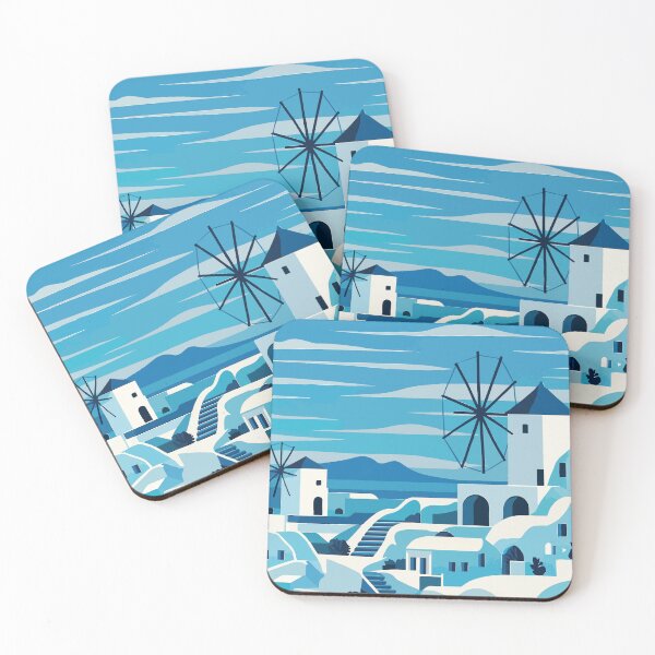 Item preview, Greece - Santorini Windmills - Blue and White Mediterranean Village Illustration designed and sold by darekkocurek.