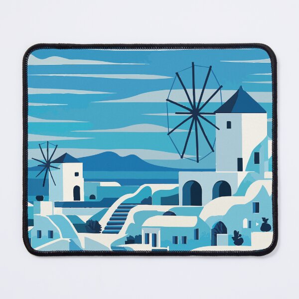Item preview, Greece - Santorini Windmills - Blue and White Mediterranean Village Illustration designed and sold by darekkocurek.