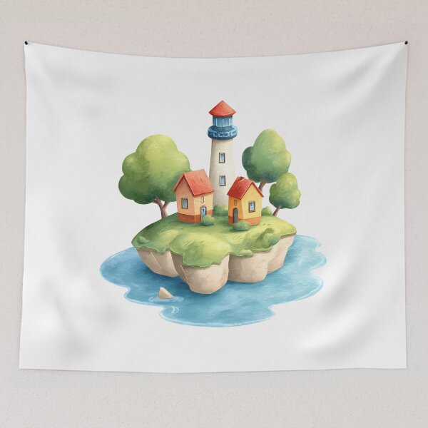 Item preview, Floating Island Lighthouse Village – Whimsical Fantasy Illustration designed and sold by DesignArtist.ia.