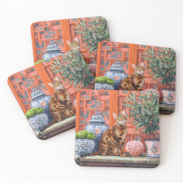 Item preview, Grandmillennial art, Bengal cat in earthy, vibrant orange chinoiserie room designed and sold by SophieClimaArt.