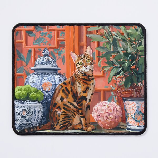 Item preview, Grandmillennial art, Bengal cat in earthy, vibrant orange chinoiserie room designed and sold by SophieClimaArt.