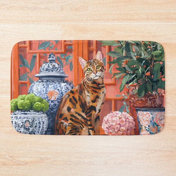Item preview, Grandmillennial art, Bengal cat in earthy, vibrant orange chinoiserie room designed and sold by SophieClimaArt.