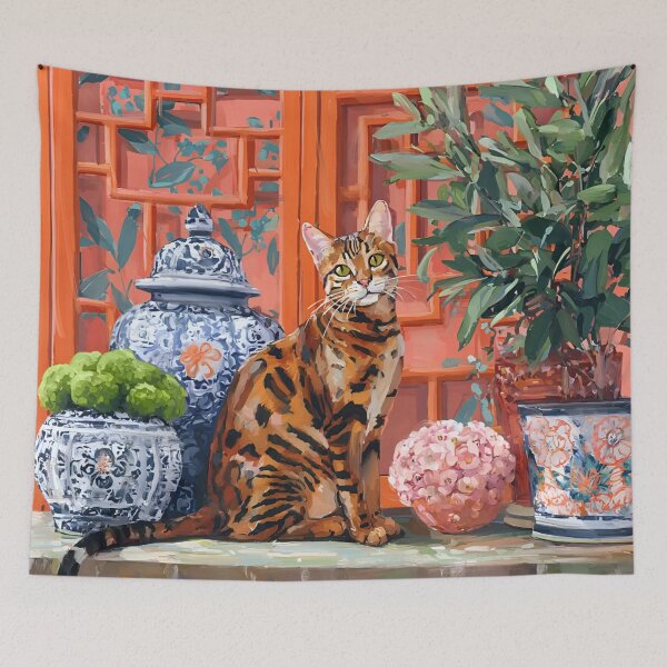 Item preview, Grandmillennial art, Bengal cat in earthy, vibrant orange chinoiserie room designed and sold by SophieClimaArt.