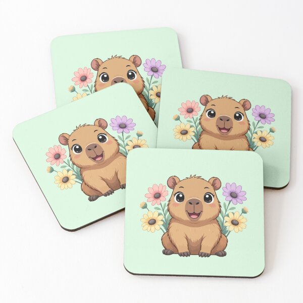 Item preview, Adorable Happy Kawaii Capybara Surrounded by Pastel Flowers designed and sold by Blooms & Paws Haven .