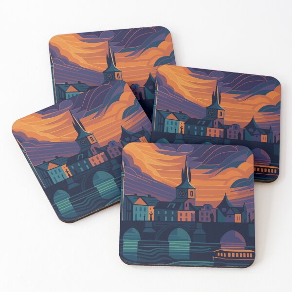 Item preview, Prague at Dusk - Dramatic Riverside Cityscape Illustration art deco  designed and sold by darekkocurek.