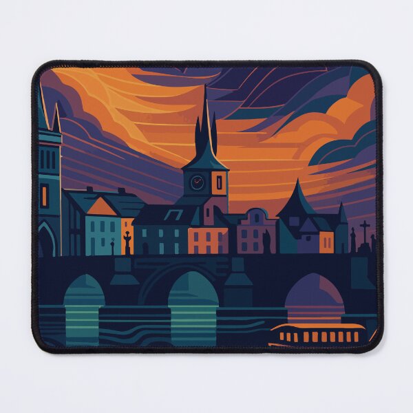 Item preview, Prague at Dusk - Dramatic Riverside Cityscape Illustration art deco designed and sold by darekkocurek.