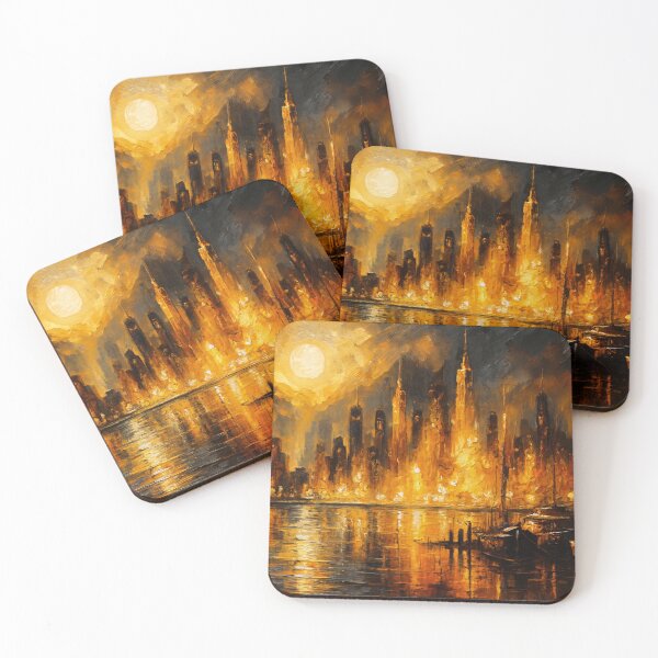 Item preview, Moonfire Skyline - Fiery Cityscape Under Full Moon designed and sold by Joey Santiago.