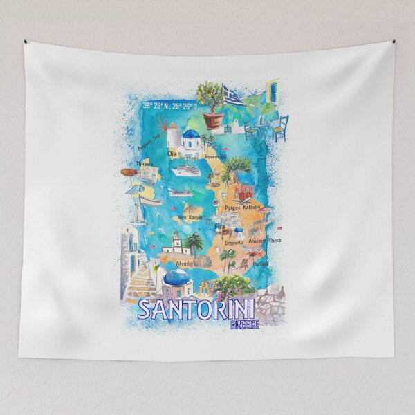 Item preview, Santorini Greece Cyclades Illustrated Island Map with Iconic Highlights - Vertical Edition designed and sold by artshop77.
