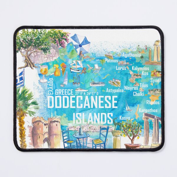 Item preview, Dodecanese Islands Greece Illustrated Travel Map – Rhodes, Kos, Patmos, Symi & Karpathos Iconic Highlights designed and sold by artshop77.